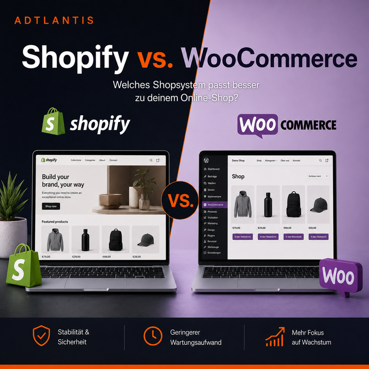 Shopify vs WooCommerce Vergleich von ADTLANTIS für die Wahl des passenden Shopsystems